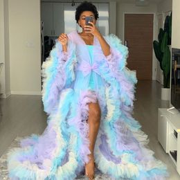 2020 Cute Colourful Women Tulle Robes Rainbow Tulle Dresses Bridal Maternity Ruffled Tulle Dress Long Sleeve Sheer Party Dress 2488