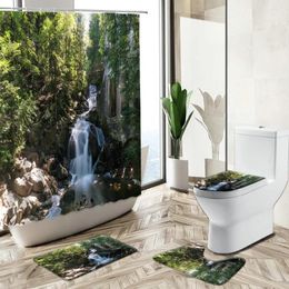 Shower Curtains Forest Waterfall Scenery Bathroom Curtain Set Trees Rocks Green Plants Natural Landscape Rug Toilet Lid Cover Bath Mat