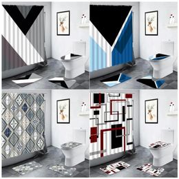 Shower Curtains Geometric Curtain Set Black White Grey Red Design Fashion Men Bathroom Decor WC Carpet Non-slip Rug Toilet Cover Bath Mat