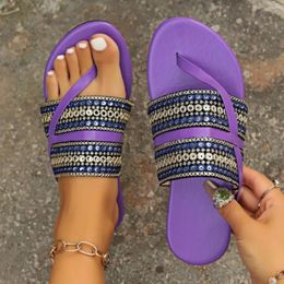 Slippers Women Flip Flops 2024 Summer Beaded Clip Toe Beach Flat Slides Heel Sandalias Casual Crystal Shoes