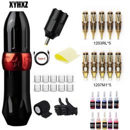 Professional Tattoo Machine Kit Complete DC Jack Rotary Pen with 10pc Cartridge Needle Ink For Beginner Sets 240510