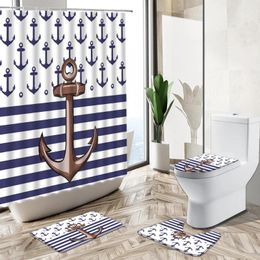 Shower Curtains Nordic Sailing Anchor Waterproof Curtain Set Fun Blue Cartoon Child Boy Bathroom Decor Non-Slip Pedestal Rug Toilet Cover