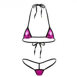 Women's Swimwear Womens Shiny Metallic Mini Bikini Set 2Pcs Halter Neck Bra Top Thong G-String Briefs Micro Swimsuit Bathing Suit Erotic