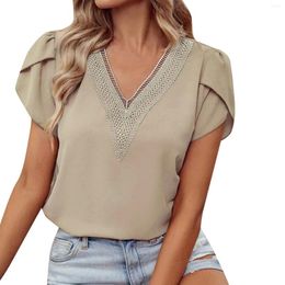 Women's T Shirts Floral Lace V Neck Blouse Puff Sleeve Solid Short Shirt Tops Female Oversized Tunic Ladies Chiffon Blouses