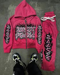 y2k street hip-hop goth trend oversized hoodie suit mens fashion Harajuku style casual loose versatile zipper sweatshirt top 240510