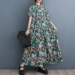 Party Dresses European American Style Patchwork Print Floral Vintage Loose Summer Blouse Dress Street Fashion Women Travel Casual Long