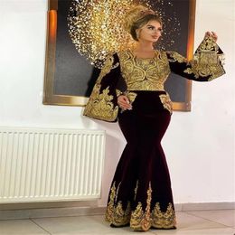 Traditional Kosovo vestidos Formales Arabic Velvet Evening Dresses Flared Sleeves Applique Lace Mermaid Prom Dress robe de soire 257A