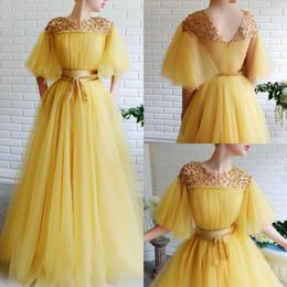 2020 Yellow Evening Dresses Jewel Neck A Line Lace Beaded Floor Length Fairy Prom Dress Tulle Evening Party Wear 236d