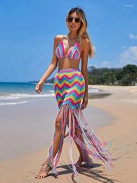 Work Dresses Sexy Wave Striped Knit Crocheted Two Piece Skirts Set Women 2024 Summer Beach Outfit Strapless Cropped Top And Long Tassel