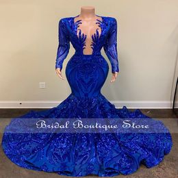 Royal Blue Sparkly Seques Mermaid Prom Abito 2022 per ragazze nere Aso Ebi Party Dress African African African African Robe De Bal 0415 247D
