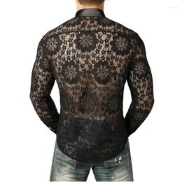 Men's Casual Shirts Sexy See Through Black Lace Shirt Slim Fit Long Sleeve Fishnet Clubwear Men Flower Embroidery Transparent Sheer Tops