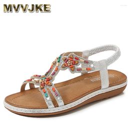 Sandals Women Comfort Elastic Ankle Strap Beach Rhinestone Slides Casual Open Toe Low Heels Zapatillas