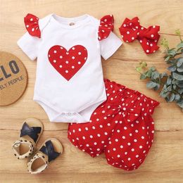 Clothing Sets Newborn baby girl daily clothing set Love Wave Point short sleeved top+shorts+headband summer cute 3-piece set 0-18 monthsL2405