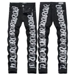 Men's Jeans European Letter AMIRIiocn Men Embroidery Patchwork Trend Brand Motorcycle Pants Mens Skinny Ripped AM3766 Size 29-38