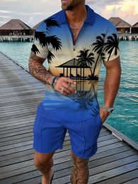 Hawaii 2pcs sets 3D Coconut tree print Zipper Polo Shirt Short Sleeve and Shorts Casual Fashion ZipUp Man 2PCS Sweatshirt 240430