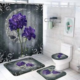 Shower Curtains 4 Pcs Purple Rose Sets With Non-Slip Rug Toilet Lid Cover Bath Mat Sliver Grey Moon Floral Bathroom Decor Hooks