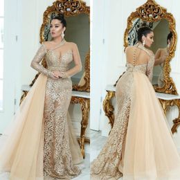 Champagne Arabic One Shoulder Lace Mermaid Evening Dresses Overkirsts Illusion Long Sleeve Prom Gowns Beaded Vestidos De Fi esta AL4752 255t