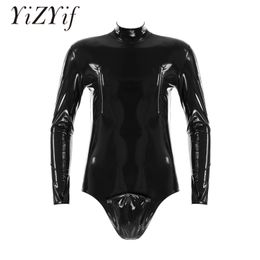 Mens Glossy Catsuit Sexy Zipper Open Crotch Shiny Leather Bodysuit Porn Bulge Pouch Wetlook Latex Leotard Jumpsuits Clubwear 240511