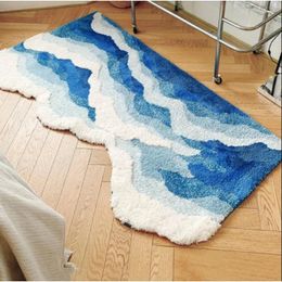Carpets Handmade Tufted Ocean Wave Carpet Nordic Abstract Decorative Bedroom Rug Artistic Blue Sea Fluffy Floor Mat For Living Room