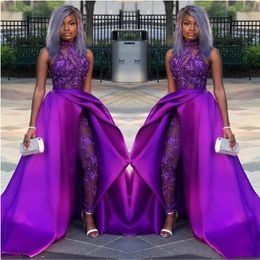 2020 Lace Appliqued Bead Evening Gowns Luxury African Party Women Pant Suits Classic Jumpsuits Prom Dresses With Detachable Train High 239U