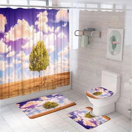 Shower Curtains Country Field Tree Curtain Set Natural Scenery Blue Sky White Cloud Bathroom Non-Slip Rug Toilet Cover Bath Mat