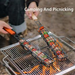 Tools Outdoor Portable Kabob Grilling Basket Wooden Handle Stainless Steel Non-Stick Vegetables Shrimps Dog Barbecue