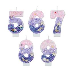 5Pcs Candles Ocean Mermaid Cake Decoration Digital Shape Candle Pink Purple Decorative Candle Girls Birthday Party Cake Decoration Topper