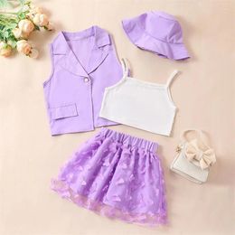 Clothing Sets 3-8Y Kids Girls Summer Clothes Baby Sleeveless Blazer Coat Tank Tops Butterfly Tulle Skirts Sun Hat Children Outfits