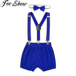 Clothing Sets Summer Baby Boys First Birthday Cake Crushing Set Boys Bow Tie Y Back Clip Pendant Bloomers Pant Set for Photography PropsL2405