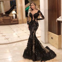 Illusion Black Mermaid Evening Dresses 2020 Sweetheart Lace Appliques Sequined Long Formal Dress Sweep Train Prom Gowns 2432