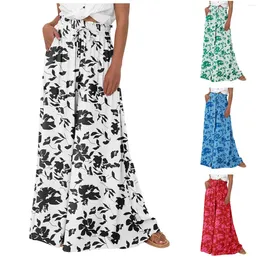 Women's Pants Beach Floral Boho Wide Leg Trousers Women Pantskirt Print Vintage Culottes Floor Length Ruffled High Waist Palazzo