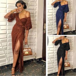 Sparkly Sequins Mermaid Evening Dresses Off the Shoulder Short Sleeves Ruched Pleats Floor Length Side Slit Plus Size Prom Party Gowns 283A