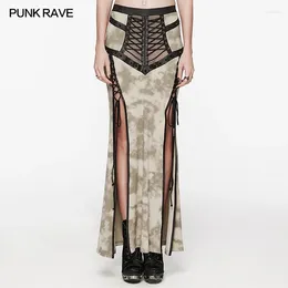 Skirts PUNK RAVE Women's Daily Sexy See-through Mesh Drawstring Rope Slit Skirt Gothic Personalized Long 2 Colors Available