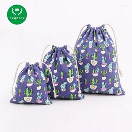 Storage Bags LKQBBSZ 3Pcs /set Cloth Bag Cotton Linen Drawstring Cartoon Cactus Print Blue Gift Candy For Sundries