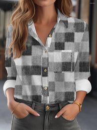 Women's Blouses Shirts & Grey Purple Vintage Plaid Print Button Long Sleeve Casual Shirt Collar Fit 2024 Spring Fall Tops