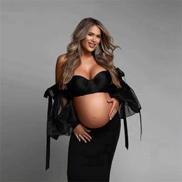 Maternity Dresses Sexy Black Tulle Pregnant Women Tops For Photography Charm Sweetheart Puff Sleeves Maternity Mini Mesh Female Blouse T240509