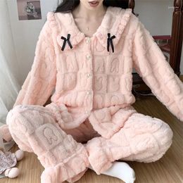 Women's Sleepwear Autumn Winter Jacquard Fleece Pyjama For Women Sweet Girly Style Warm Long-Sleeved Trousers Cardigan Two-piece Loungewear