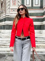 Women's Jackets 2024 Spring Fashion Solid Red Street Coat Wild Textured Cardigan Top Trendy Tight Jacket Pocket Chic Female Short Blazer