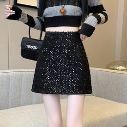 Fashion Y2K Streetwear Winter Mini Skirt Women Glitter Sequin Bodycon Tweed Skirts With Shorts A-Line Pink White Black Faldas 240513