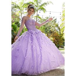 2024 Sexy Quinceanera Dresses Lilac Long Sleeves Jewel Neck 3D Floral Flowers Crystal Beads Tulle Sweet 16 Dress Vestidos De 15 Prom Party Gowns Floor Length 0513