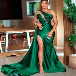 2023 Elegant Dark Green Sequined Mermaid Prom Dresses One Shoulder Neck Side Split Evening Gowns Satin Sweep Train Formal Dress GW0210 226d