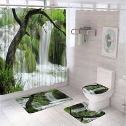 Shower Curtains Waterfall Forest Waterproof Set Natural Scenery Bath Curtain Rainforest Landscape Bathroom Mat Rug Toilet Cover