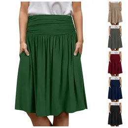 Skirts Plus Size Pleated For Women Solid Colour Knee Length Summer Casual High Wasit Elastic A Line Skirt With Pockets