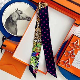 Scarves % Real Twill Silk Ribbon for Women Luxury Design Skinny Floral Animals Print Foulard Neckerchief Hairband Hand Bag Ties Gift T240508