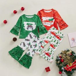 Clothing Sets FOCUSNORM 0-4Y Christmas Kids Girls Lovely Clothes 2pcs Cartoon Xmas Printed Long Sleeve Pullover Tops Flare Pants