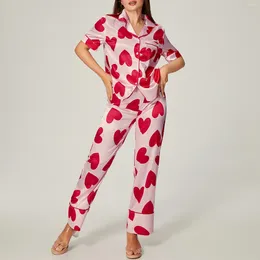 Home Clothing FUFUCAILLM Women Pajama Set Heart Print Short Sleeve Button Closure Top With Pants Sleepwear Loungewear