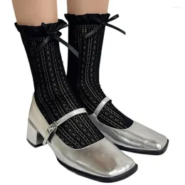 Women Socks Japanese Middle Tube Calf With Ribbon Bowknot Student Elegant Hollowed Out Lace Ruffle Frilly