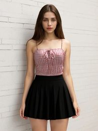 Women's Tanks Liba Sin Women Gingham V Neck Crop Top Summer Cheque Ruched Front Elasticated Balloon Sleeve And Waist Vintage Blouse