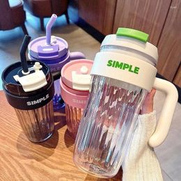 Water Bottles 920ML Simple Large Capacity Handy Plastic Cup Girl Office Mug Handle Straw Couple Drinking
