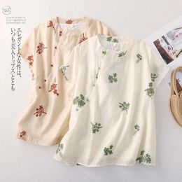 Women's Blouses Limiguyue Retro Floral Emboridery Ramie Blouse Women Breathable Bead Buckle Summer Shirts Slant Collar Tops E684